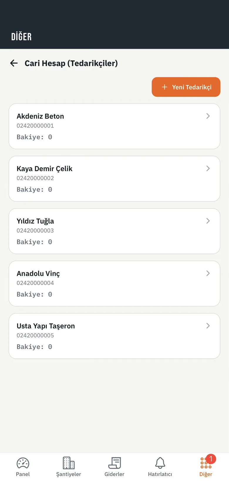 Cari hesap ekranı: tedarikçi listesi ve bakiyeler