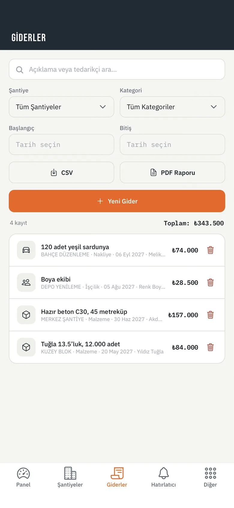 Giderler ekranı: arama, filtreler, PDF ve CSV dışa aktarma