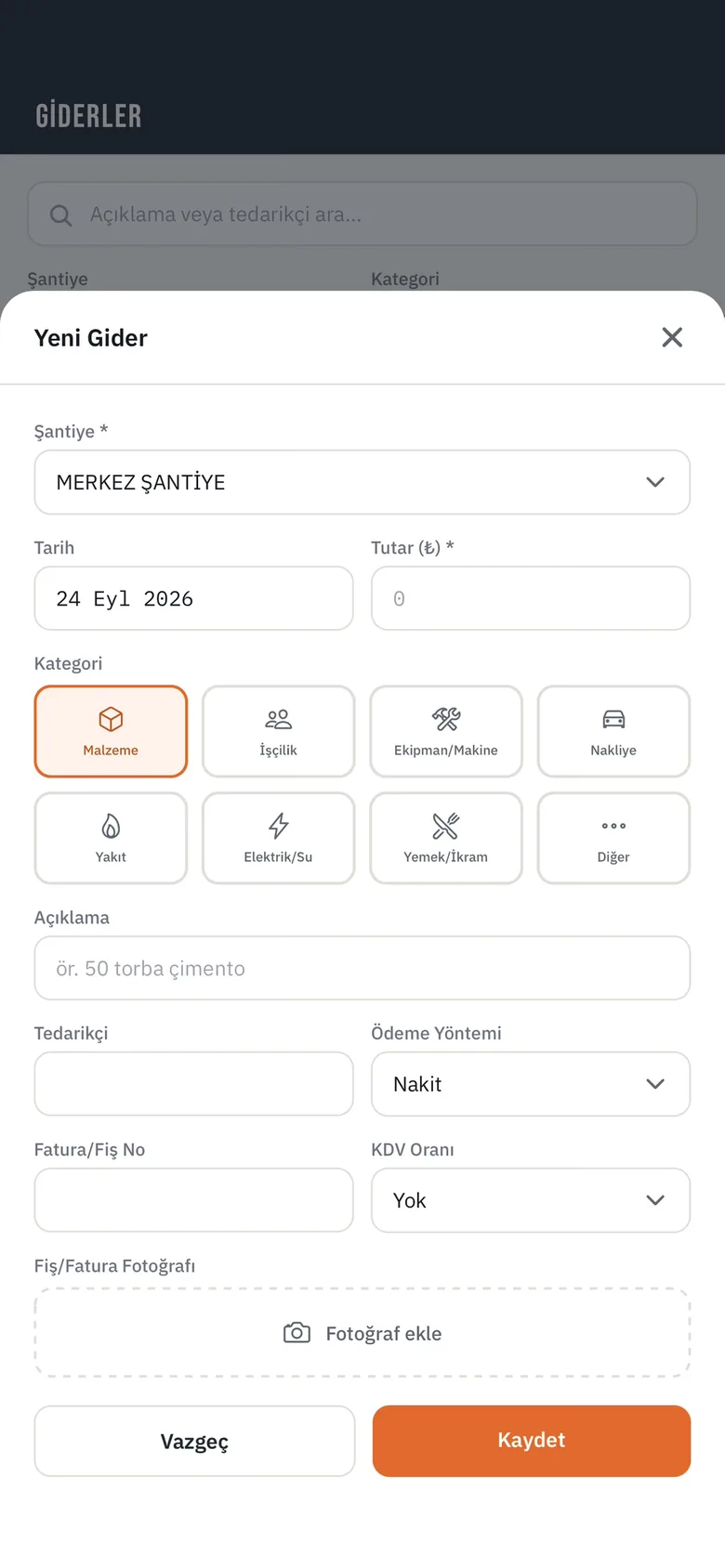 Yeni gider formu: kategori, tedarikçi, KDV ve fiş fotoğrafı